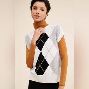 Small Anthropologie noveaux argyle 100% cashmere sweater vest white black